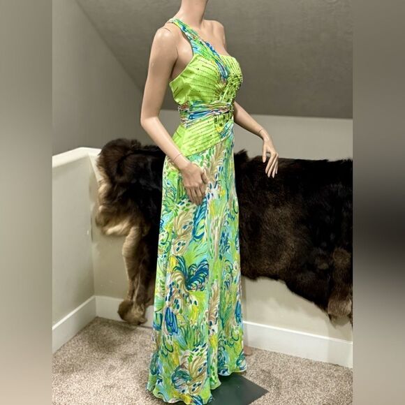 Chic Design One-Shoulder Floral-print Beaded Chiffon Evening Dress - Picture 6 of 16